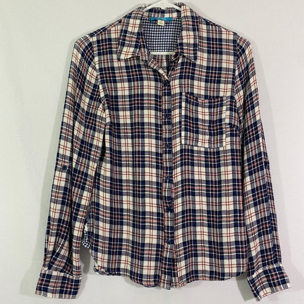 Navy Blue & Pink Plaid Button Shirt Roll Tab Sleeve
